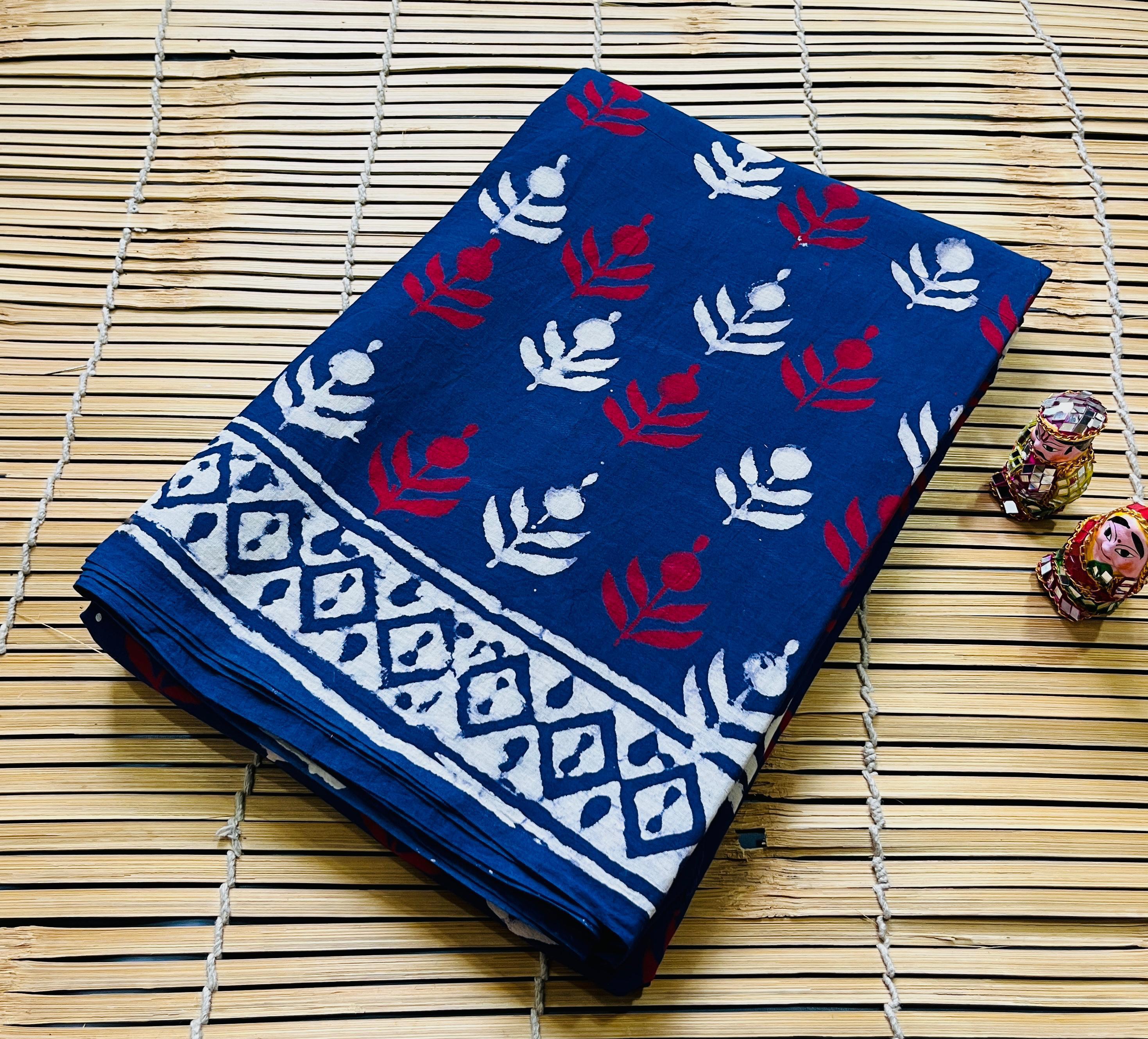 Indigo Maroon Floral Buta Cotton Mul Handblock Saree – Handcrafted wholesale saree for boutiques and designers